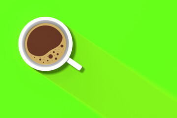 Obraz na płótnie Canvas a white cup of coffee on green background. long shadow from cup. invigorating drink. horizontal image. 3D image. 3D rendering.