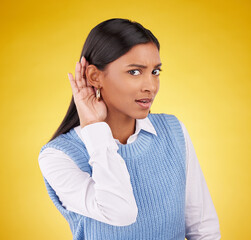 Portrait, confused and gossip with a woman on a yellow background in studio listening to a secret....