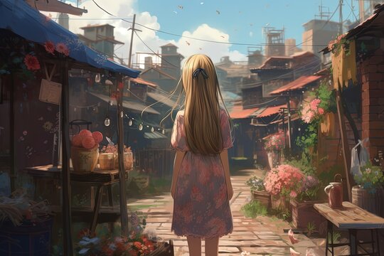  illustration of back view portrait, a pretty woman at backstreet market with cityscape as background, Generative Ai