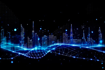 Smart city concept. Telecomunication, internet, mobile, cloud computing background. Digital city background. Online city concept. Cyber town on black background. Generative AI cyber city illustration.