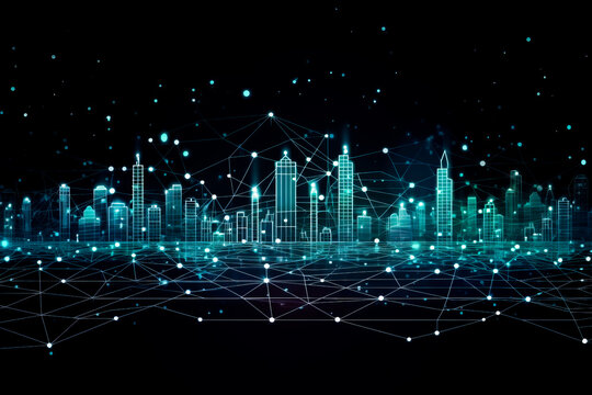 Smart city concept. Telecomunication, internet, mobile, cloud computing background. Digital city background. Online city concept. Cyber town on black background. Generative AI cyber city illustration.