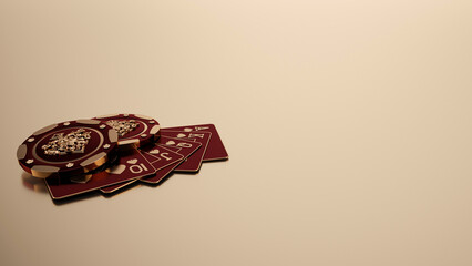 Luxury Poker Concept. Burgundy Red And Golden Modern Casino Chips With Ornamental Spades Inside And Royal Flush Playing Cards On Golden Empty Space Background - 3D Illustration