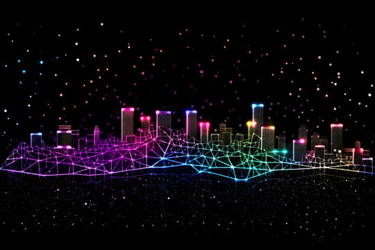 Smart city concept. Telecomunication, internet, mobile, cloud computing background. Digital city background. Online city concept. Cyber town on black background. Generative AI cyber city illustration.