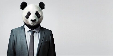 A man with a panda head and in an office suit, on an isolated gray background. Generative AI