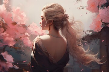 anime style illustration, beautiful scenery with back side portrait of a pretty long hair girl with flower blossoming in spring time, Generative Ai