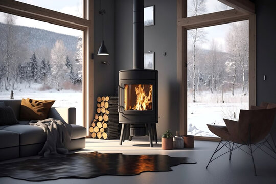 In a contemporary living room, a functional wood-burning stove is featured during winter. AI