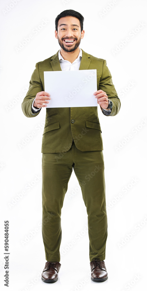 Sticker Billboard sign, portrait mockup or happy man with marketing placard, studio advertising banner or product placement. Logo mock up, promo poster or excited business person isolated on white background