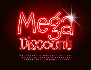 Vector neon promo poster Mega Discount. Glowing Red Font. Funny Electric Alphabet Letters and Numbers