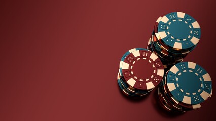 Modern, Luxury, Realistic Teal Blue And Burgundy Red Casino Chips With Golden Details On Empty Space Background - 3D Illustration