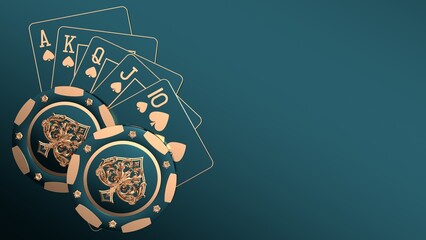 Luxury Poker Concept. Teal Blue And Golden Modern Casino Chips With Ornamental Spades Inside And Royal Flush Playing Cards On Empty Space Background - 3D Illustration