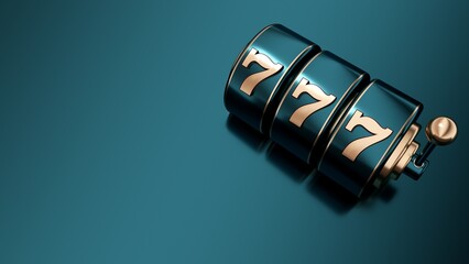 Modern, Luxury Teal Blue And Golden 777 Slot Machine On Empty Space Background - 3D Illustration