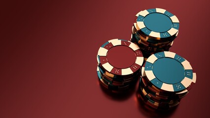 Modern, Luxury, Realistic Teal Blue And Burgundy Red Casino Chips With Golden Details On Empty Space Background - 3D Illustration