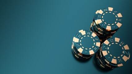 Modern, Luxury Teal Blue And Golden Modern Casino Chips On Empty Space Background - 3D Illustration