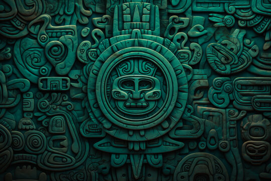 Stone maya texture. Ancien mayan background with face in the middle. Ceramic tiles in the form of traditional Maya design. Generative AI maya ancient background.
