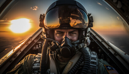 Fototapeta premium Jet Fighter pilot, Cockpit view, Sunlight, Generative AI