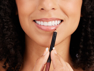 Closeup woman, face and lip pencil for beauty cosmetics, facial skincare and salon transformation....