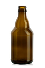 Small brown empty beer bottle isolated on white background.