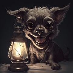 Dog in the shadows iluminated by lamp, Generative AI