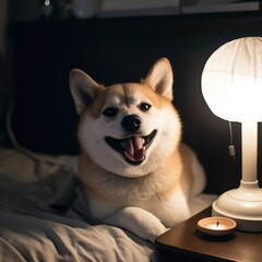 Shiba inu dog in the shadows illuminated be lamp, Generative AI