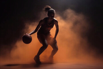 Silhouette of a Woman Playing Basketball with Backlight, Generative AI - 590485614