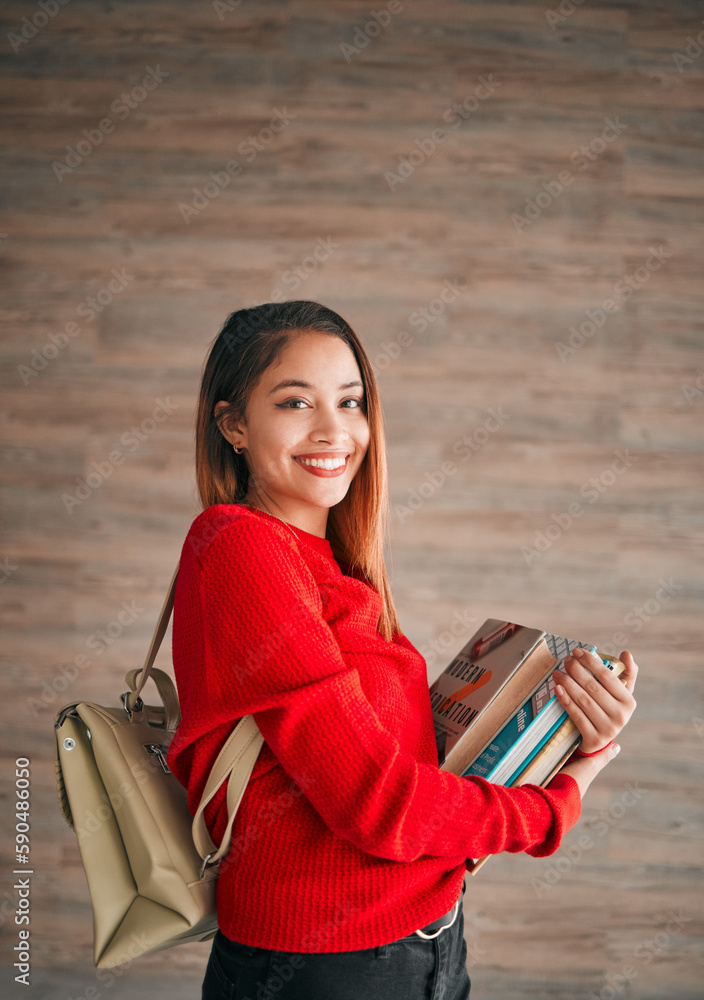 Canvas Prints Portrait, books and education with a student woman on a wooden background for learning at college or university. School, study and scholarship with an attractive young female pupil wearing a backpack