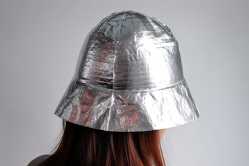 A person wears a small handmade hat made of aluminium foil on a light background to protect himself from radiation and conspiracy theory created with generative AI technology. - obrazy, fototapety, plakaty