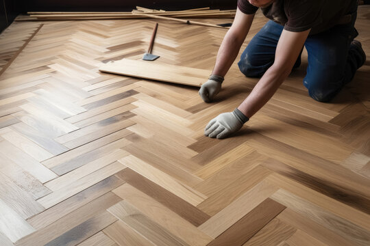 A craftsman laying parquet flooring created with generative AI technology.