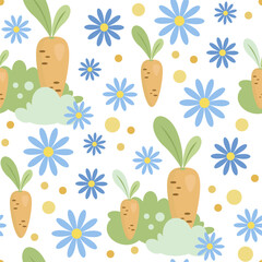 Seamless background, vegetable garden pattern, carrots, blue flowers, daisies, dots. Cartoon character illustration, vector hand drawing. Cute clipart in pastel colors on a white background. 