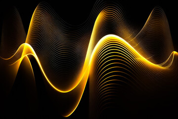 Golden tech digital background. Golden wave glowing backdrop. Dots and waves pattern on the black background, AI Generated. Technology concept. Web conncetions concept. Computer data concept.