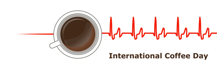 International Coffee Day banner with a cup of coffee and a cardiogram of the heart