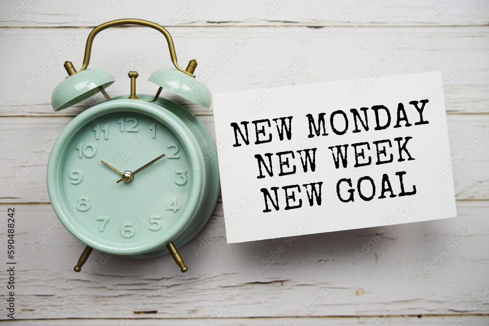 Poster new monday new week new goal text message with alarm clock top view on wooden background