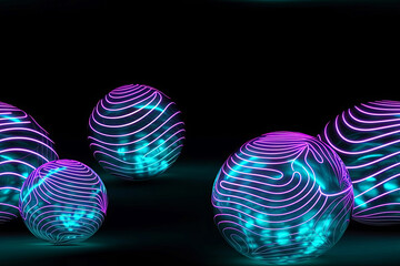 seamless abstract background illustration with glass balls with refraction in pink-blue neon light. Generative AI.