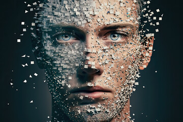 Universal image of a man disintegrating into particles, cybersecurity, privacy rights, Generative AI