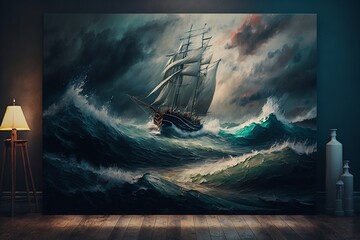 A painting depicting a sailboat in a stormy sea. AI