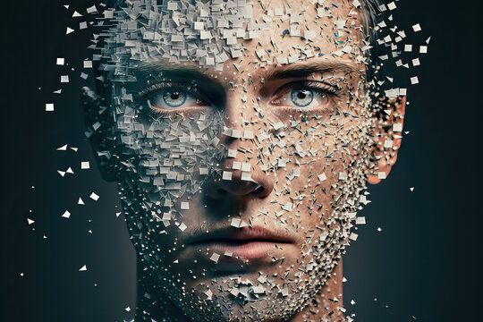 Universal image of a man disintegrating into particles, cybersecurity, privacy rights, Generative AI