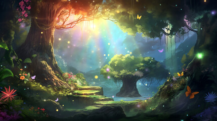 Rainbow-colored rays of light shine down into magical forest - Generative AI