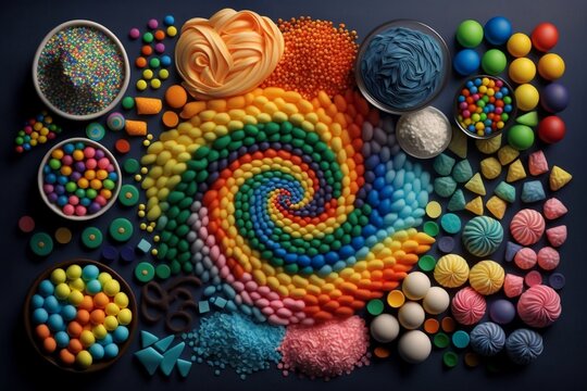 A beautiful rainbow of colors fills the candy world. AI