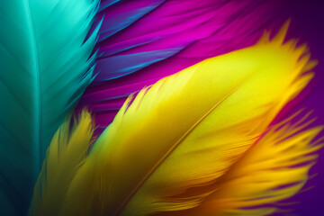 Colorful feather background. Rainbow bird feathers background. Colorful rainbow feathers illustration. Exotic bird feathers close up background. Generative AI.