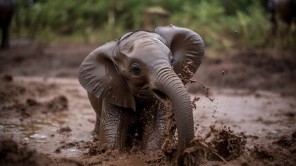 Adorable Baby Elephant Taking a Mud Bath