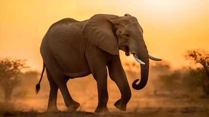 Naklejka na ściany i meble Graceful African Elephant Walking in the Sunset