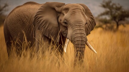 Fototapeta premium Majestic African Elephant Grazing in the Savannah