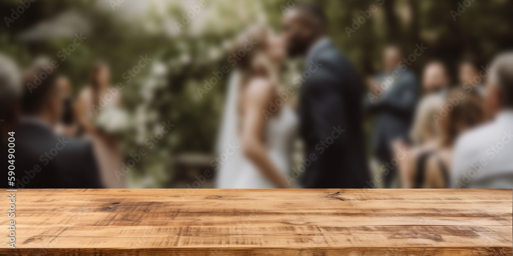 Poster empty wooden counter table top for product display with a wedding scene background. generative ai