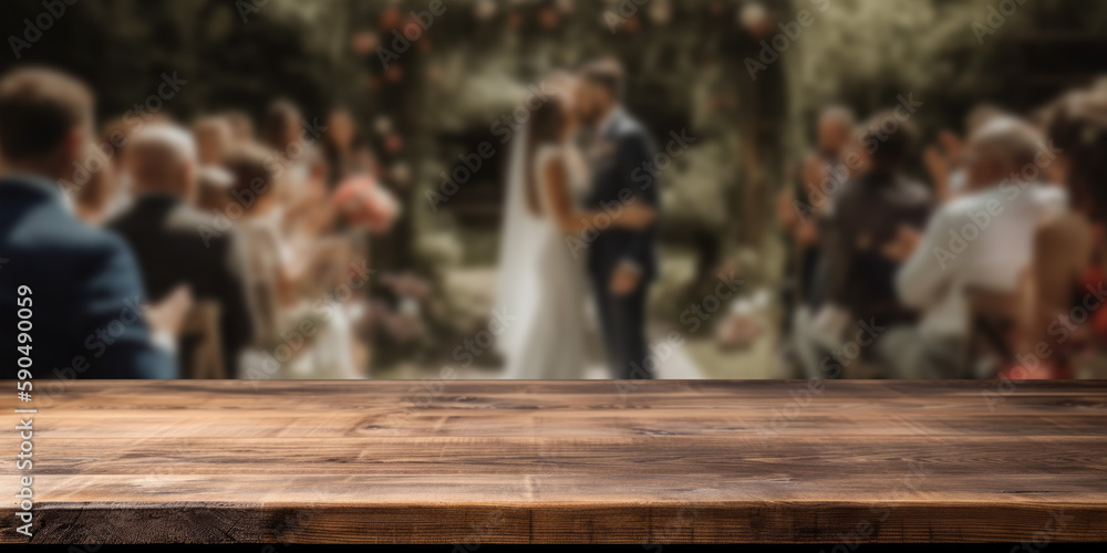 Poster empty wooden counter table top for product display with a wedding scene background. generative ai