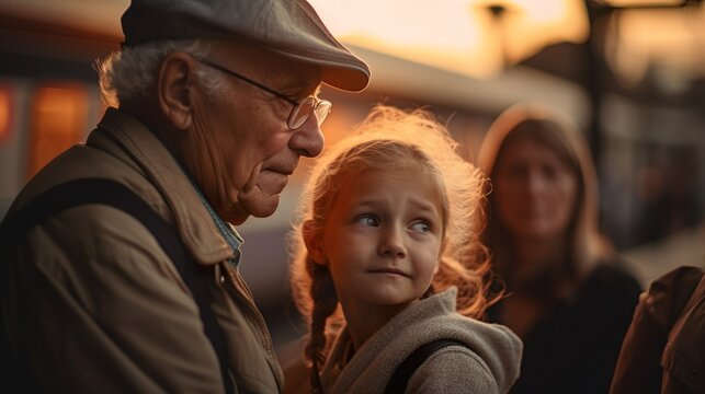 A family gathering to reunite or say goodbye at a train station, with a backdrop of busy commuters, bustling activity and emotion-filled moments. AI Generative