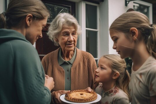Grandparents and Young Family Sharing an Apple Pie, happy family reunion, AI Generative