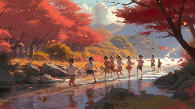 Japanese kids playing outdoors run alongside river in Autumn, with red maple trees and sunlight, AI generative illustration © Friedbert