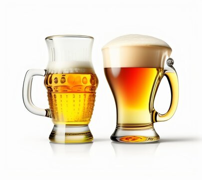 Beer with foam in a transparent mug on a white background