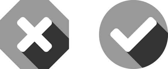 Obraz premium Yes and No or Right and Wrong or Approved and Declined Icons with Monochrome Check Mark and X Cross Signs and 3D Style Shadow Effect. Vector Image.