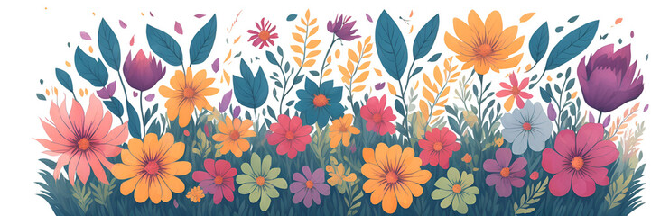 Colorful flower meadow in spring paint. AI generated illustration
