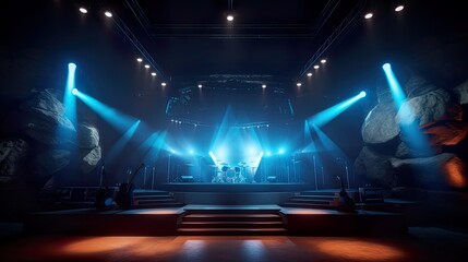 Empty illuminated concert stage for rock, pop concert, copy-space, AI generative dark modern interior
